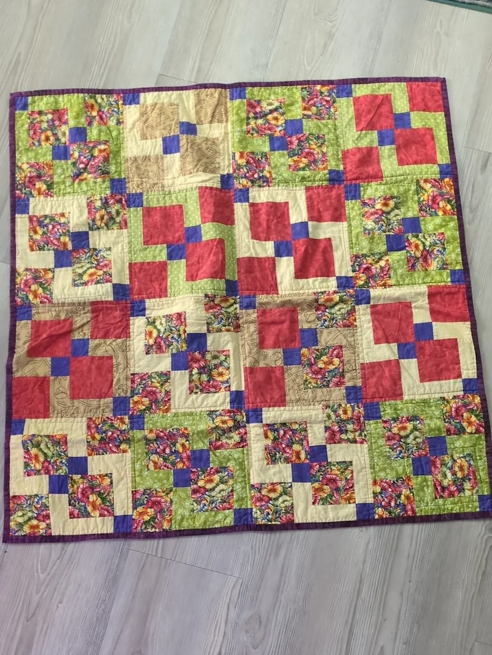 Handmade Floral Patchwork Quilt Wall Hanging Signed by Grandma Colorful Folk Art